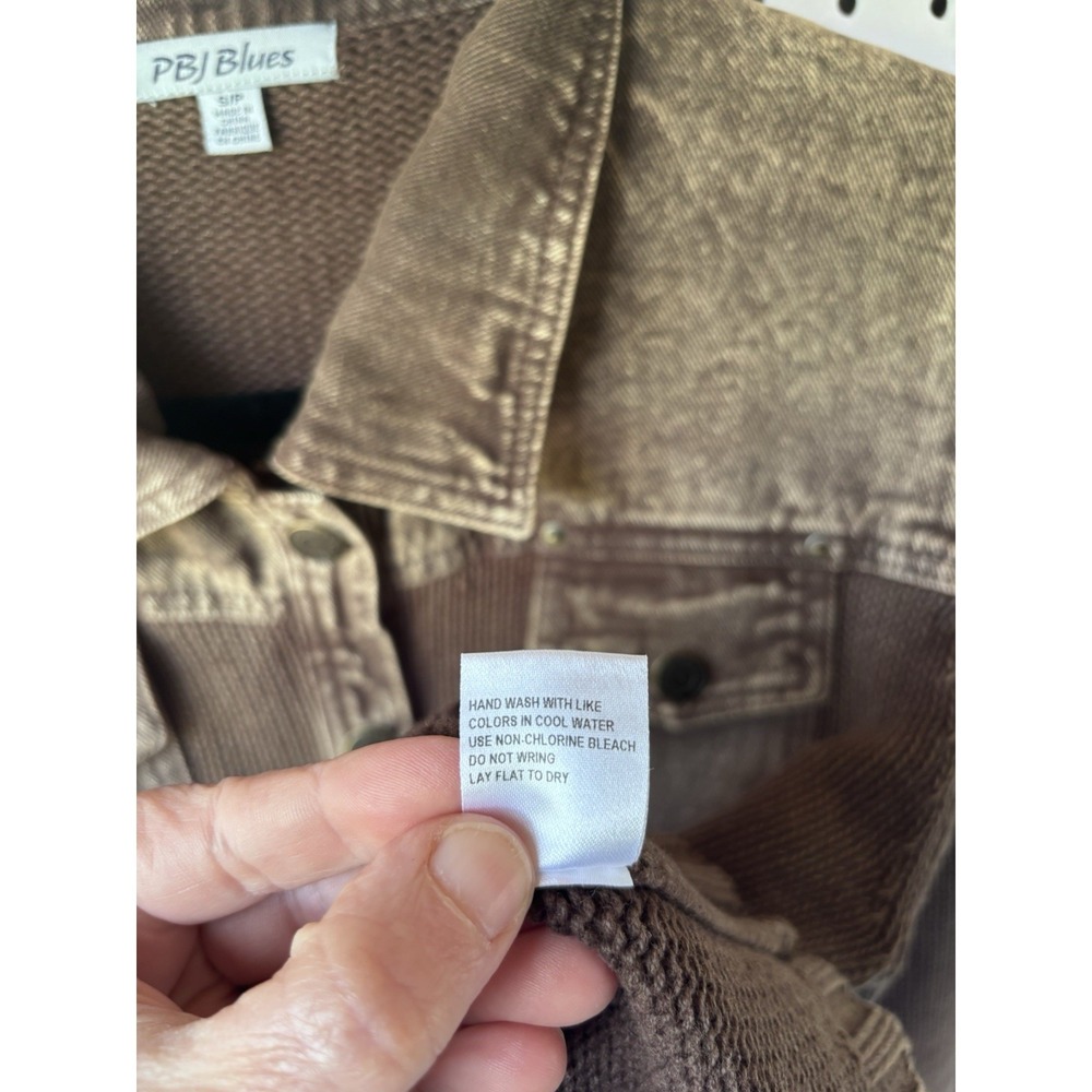 Vintage PBJ Blues Denim Knit Sweater Jacket Snap‎ Buttons Pockets Small Brown - Picture 6 of 7
